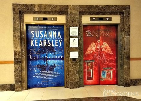 Elevator doors covered with romance novel covers